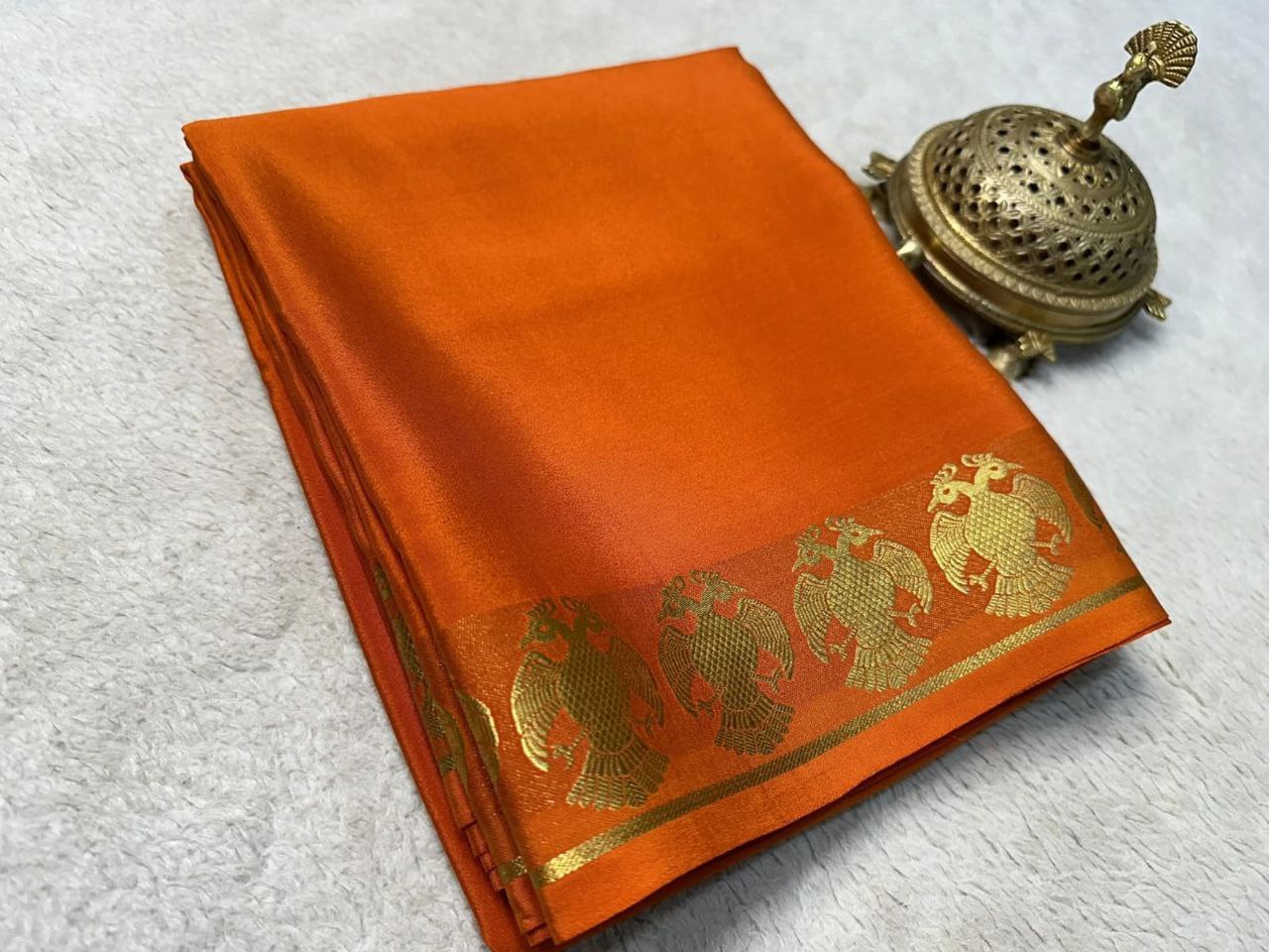 Pure VISCOSE silk 5/5  Peacock  Fancy Border Saree - Orange