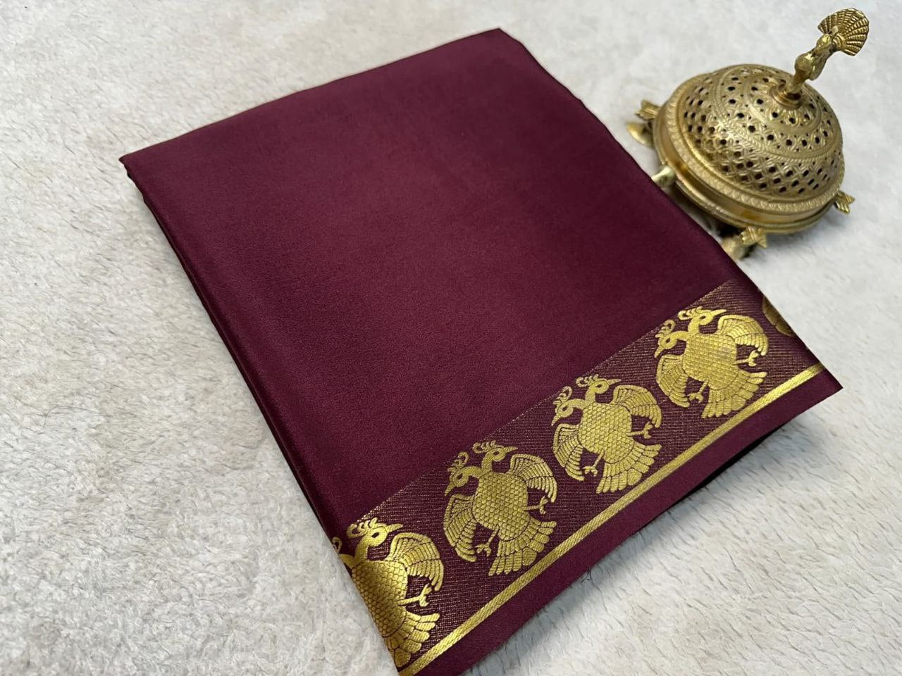 Pure VISCOSE silk 5/5  Peacock  Fancy Border Saree - Berry