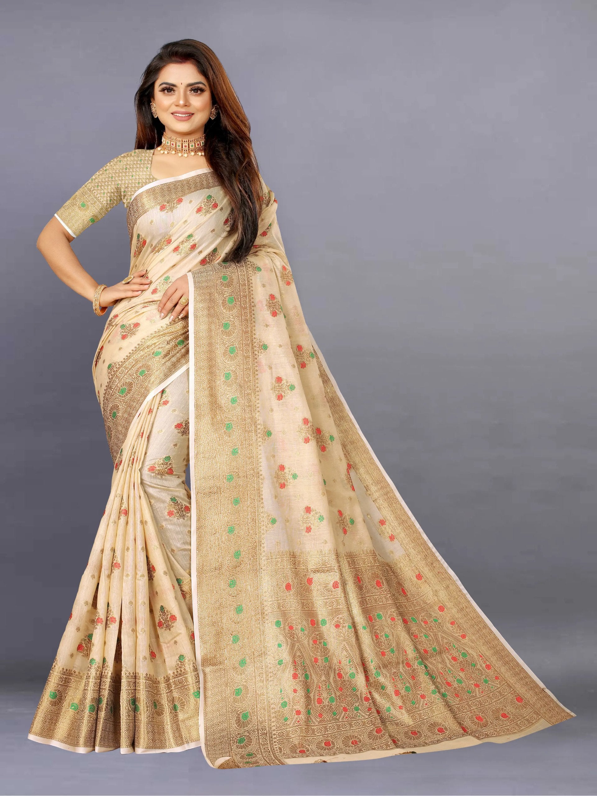 Designer Freehand Cotton Saree with Mina Border & Rich Pallu