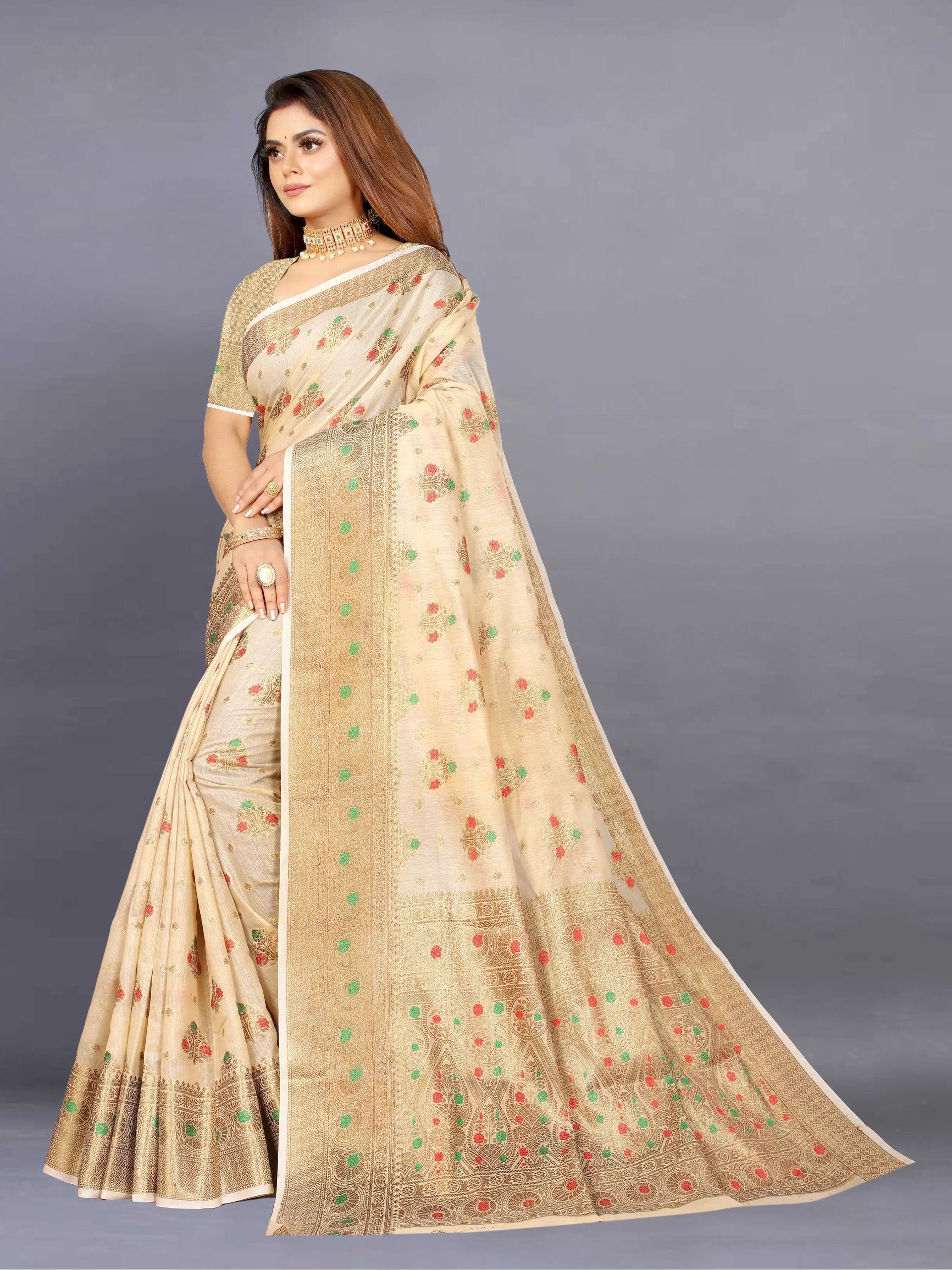 Designer Freehand Cotton Saree with Mina Border & Rich Pallu