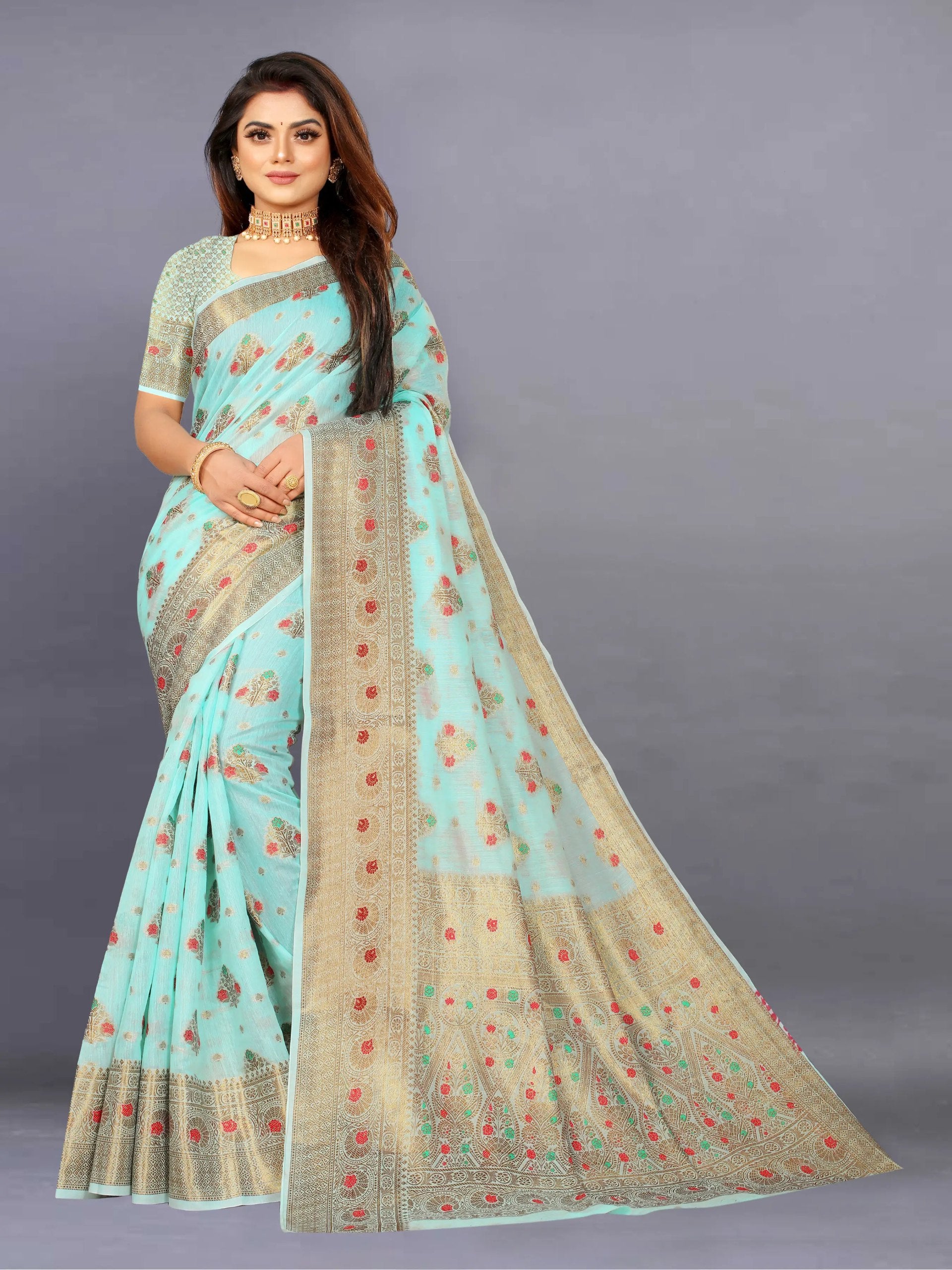 Designer Freehand Cotton Saree with Mina Border & Rich Pallu