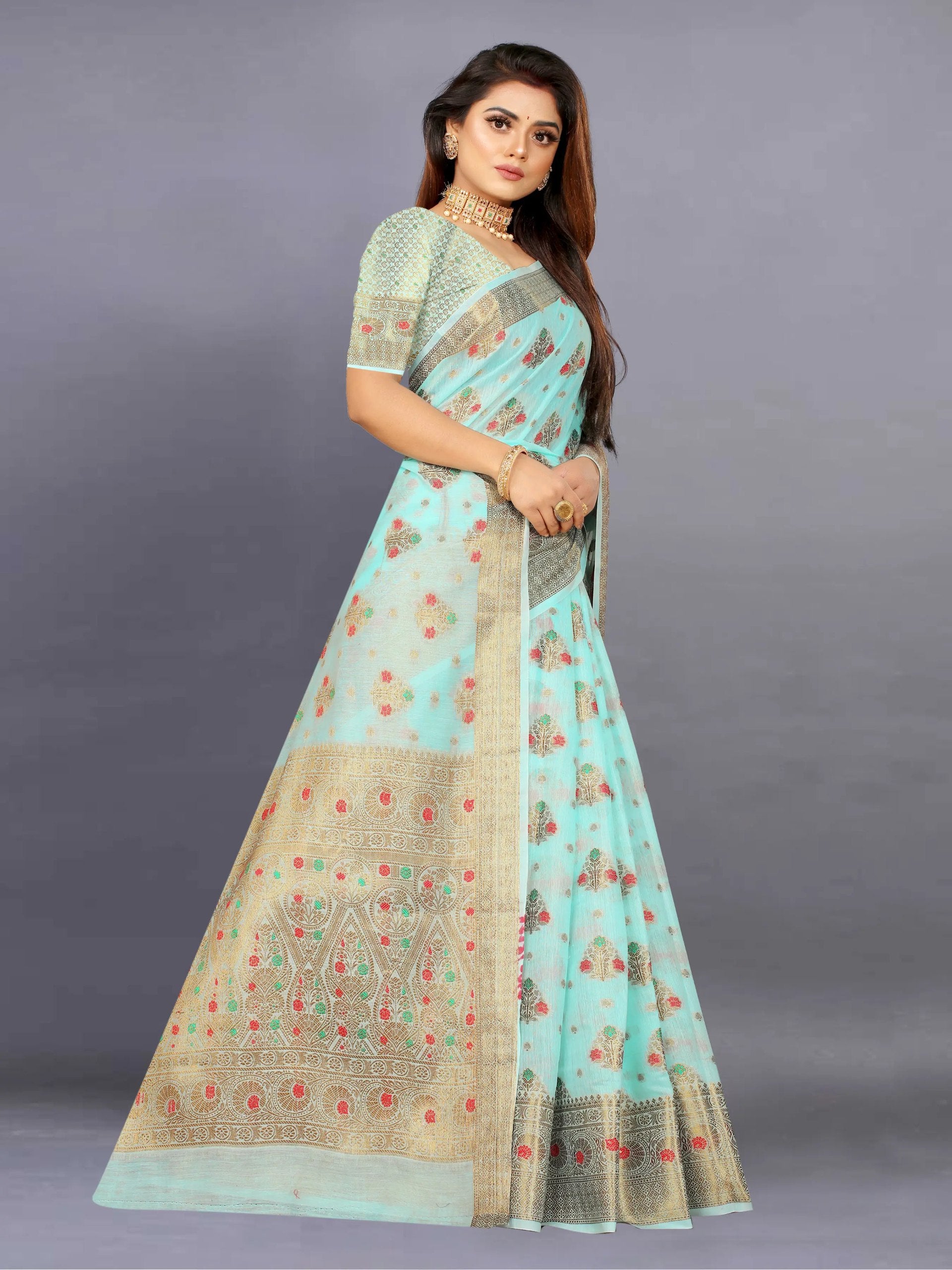 Designer Freehand Cotton Saree with Mina Border & Rich Pallu