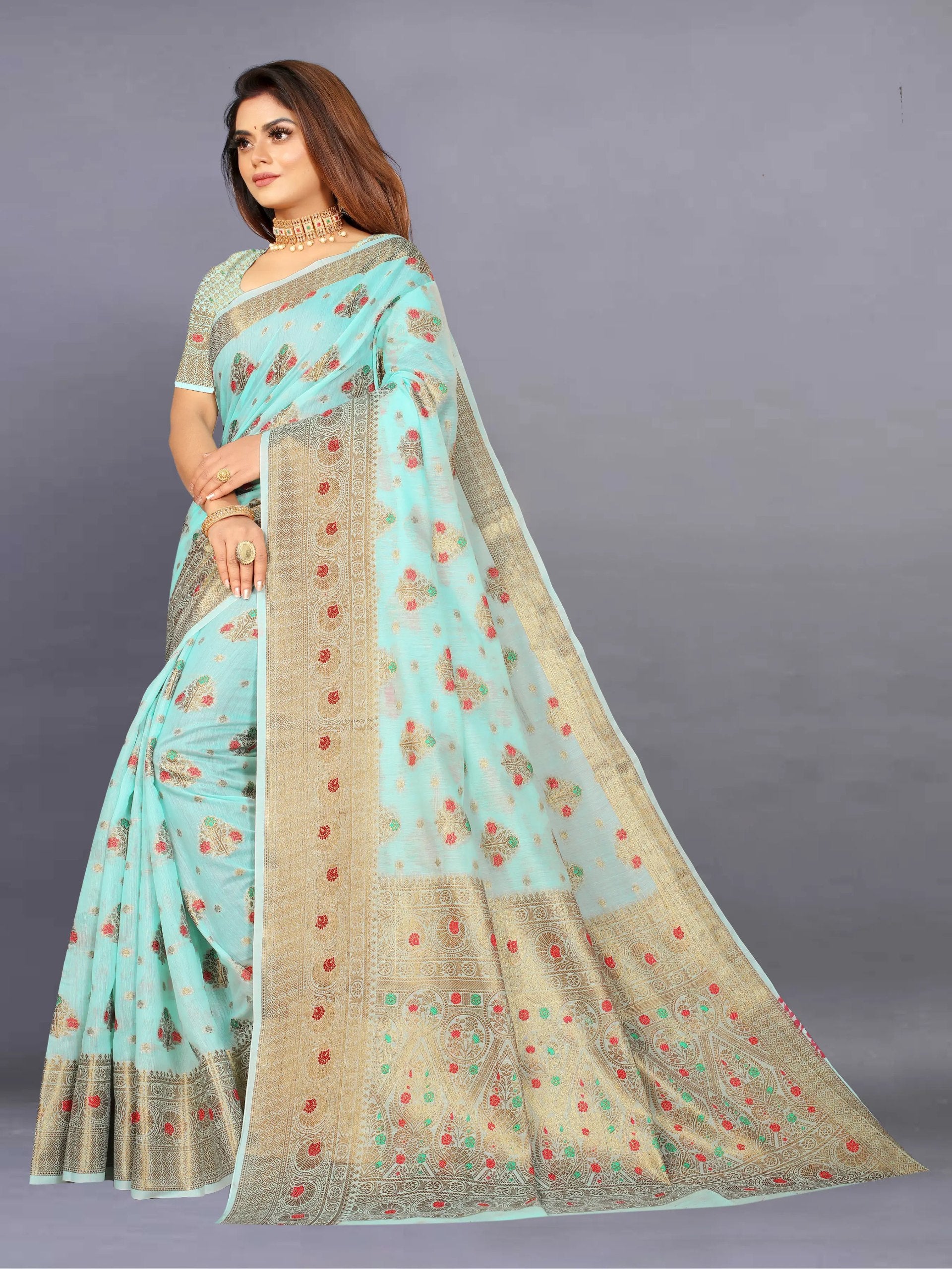 Designer Freehand Cotton Saree with Mina Border & Rich Pallu
