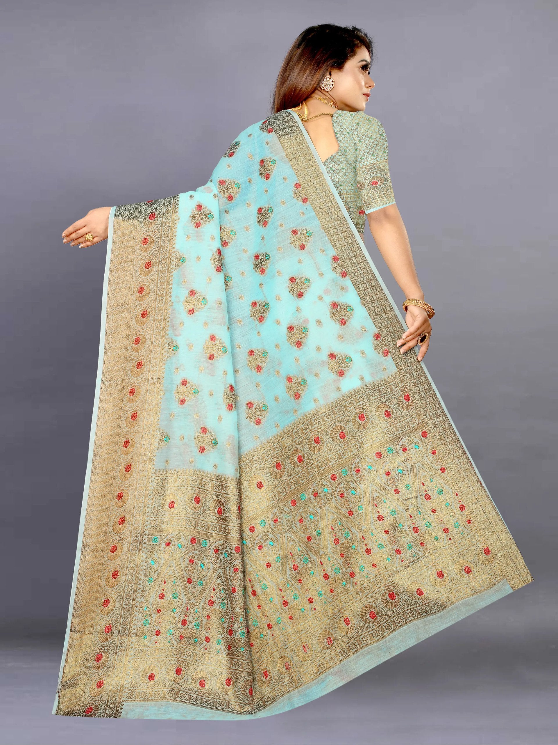 Designer Freehand Cotton Saree with Mina Border & Rich Pallu