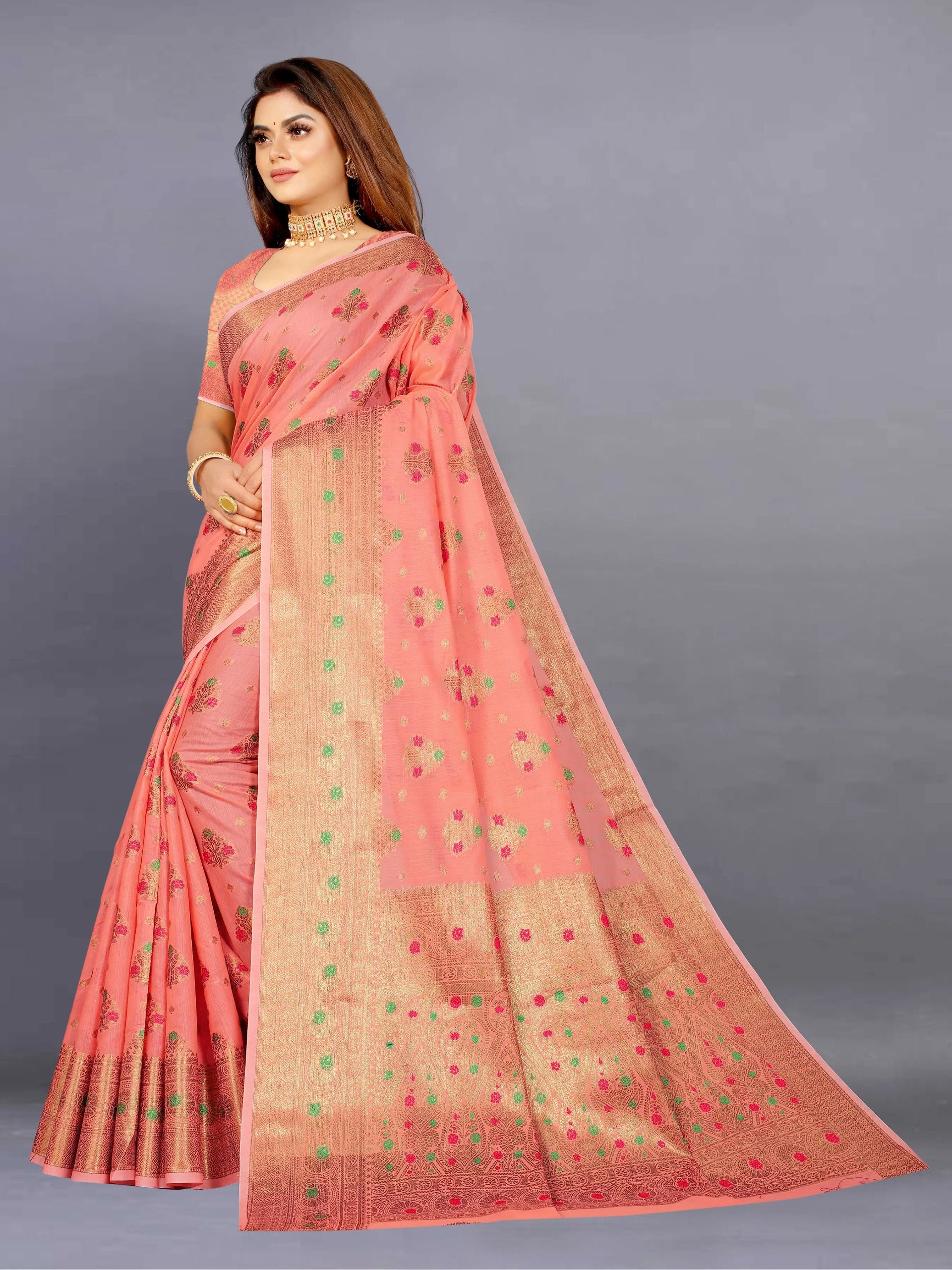 Designer Freehand Cotton Saree with Mina Border & Rich Pallu