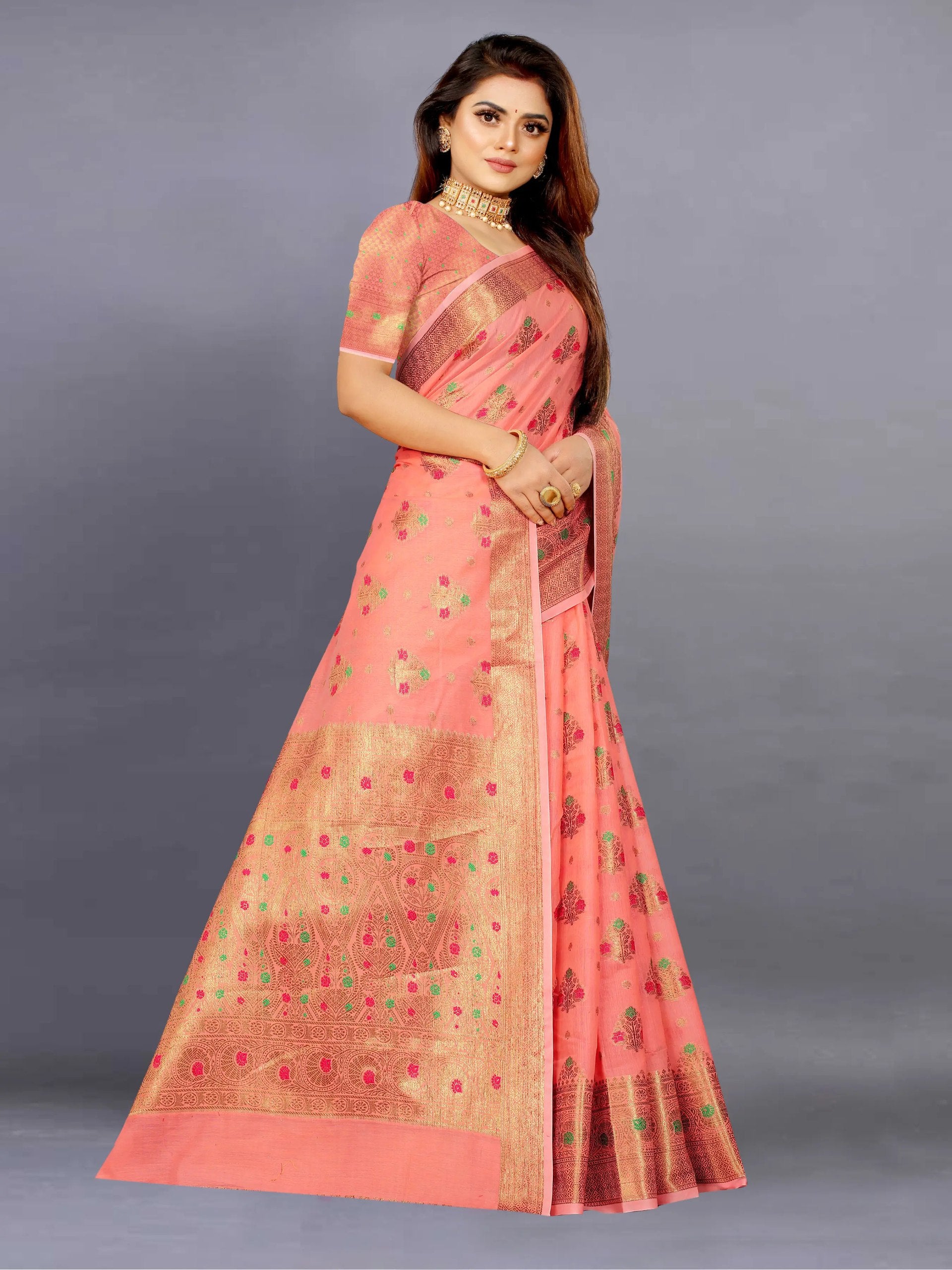 Designer Freehand Cotton Saree with Mina Border & Rich Pallu