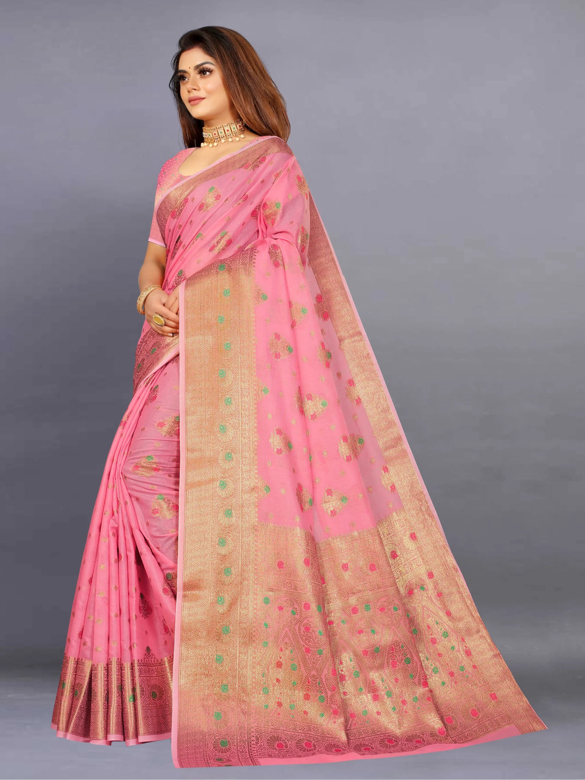 Designer Freehand Cotton Saree with Mina Border & Rich Pallu
