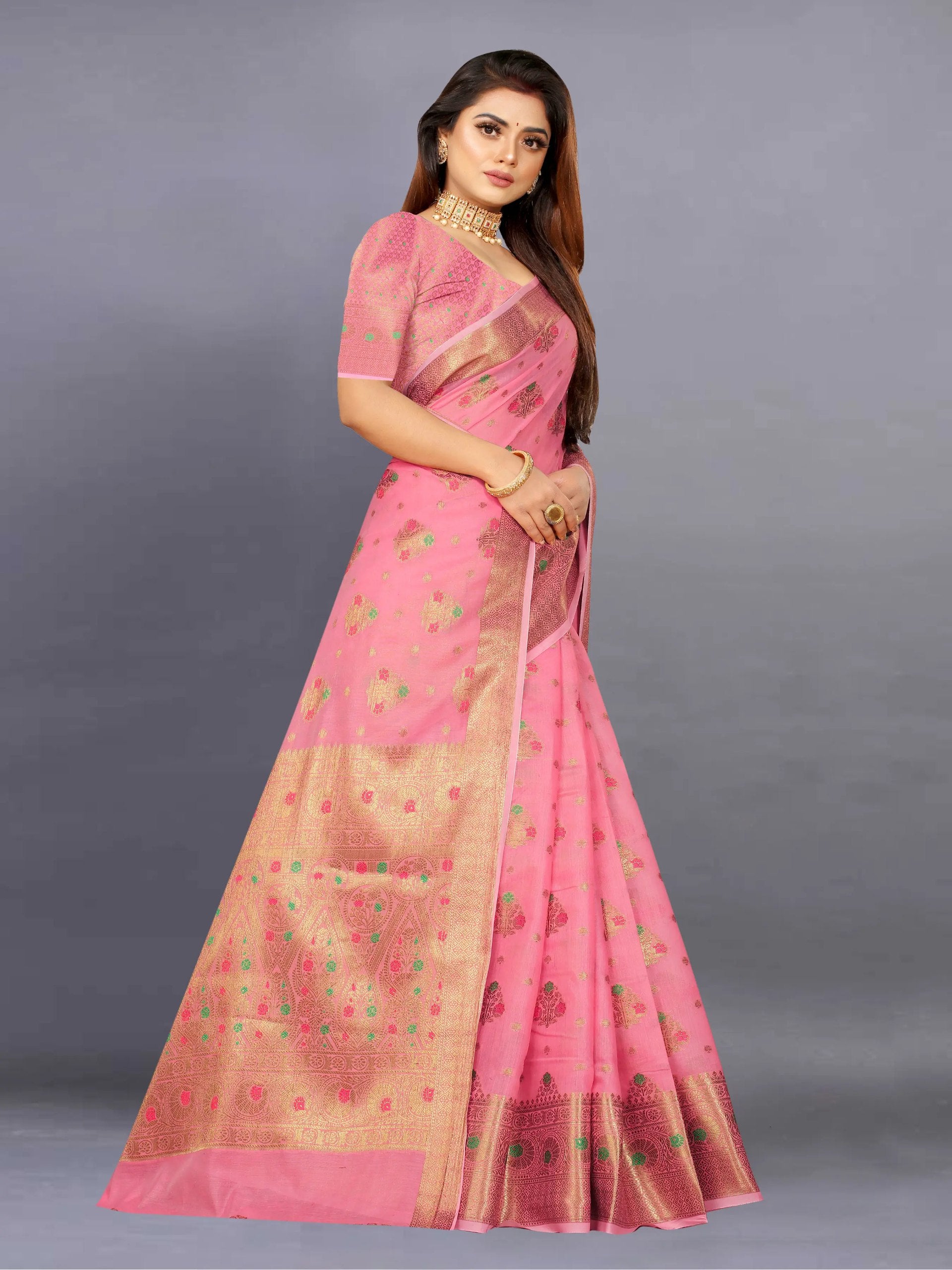 Designer Freehand Cotton Saree with Mina Border & Rich Pallu