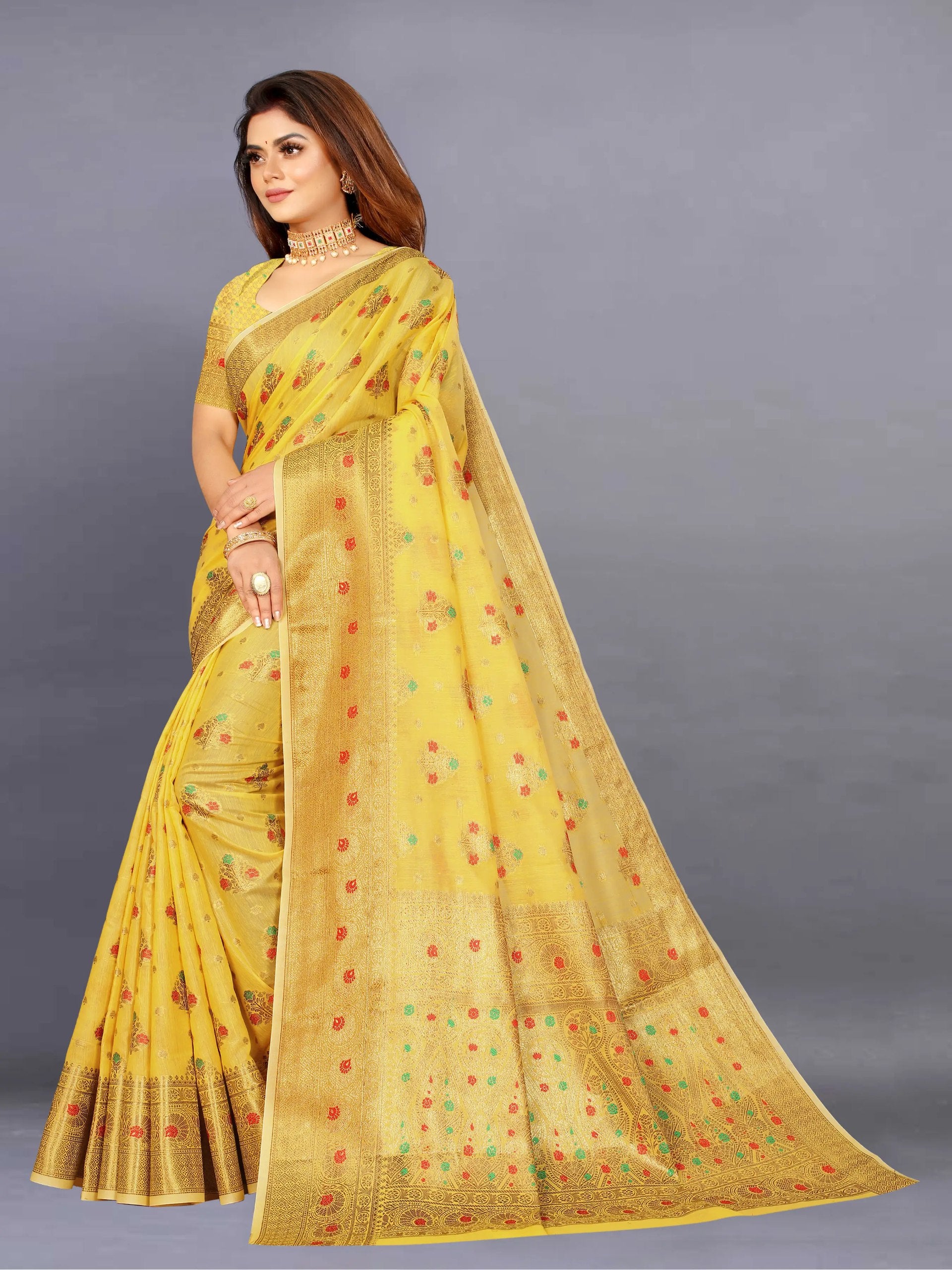 Designer Freehand Cotton Saree with Mina Border & Rich Pallu