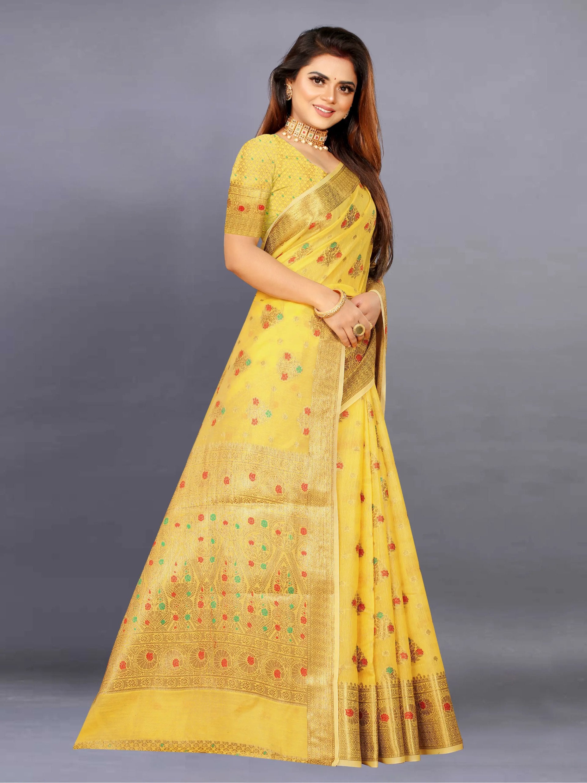 Designer Freehand Cotton Saree with Mina Border & Rich Pallu