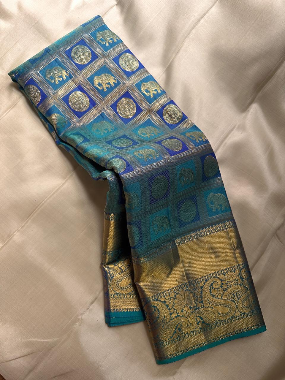 Exquisite Royal Blue & Teal Banarasi Silk Saree with Elephant & Chakra Motifs and Rich Zari Border