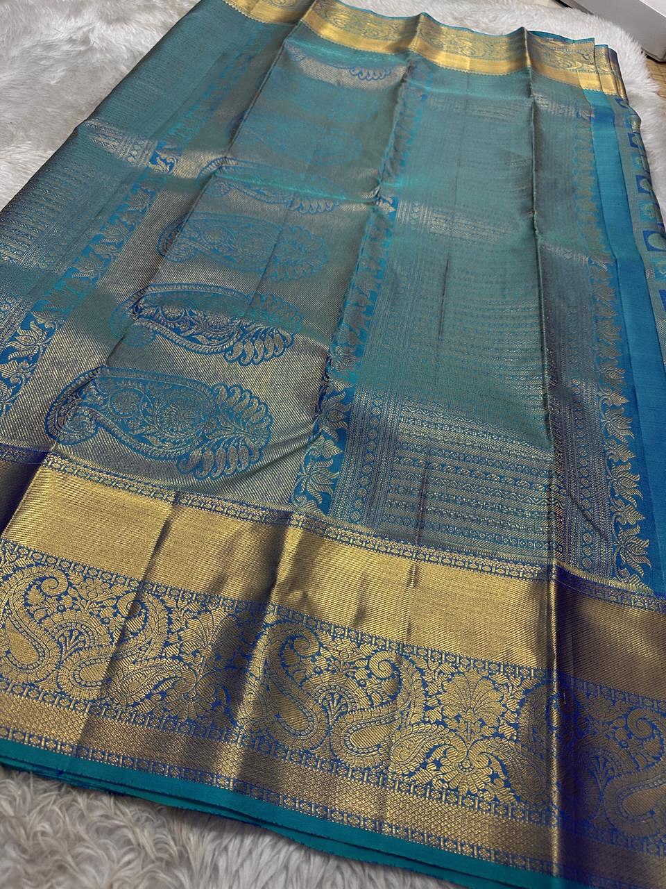 Exquisite Royal Blue & Teal Banarasi Silk Saree with Elephant & Chakra Motifs and Rich Zari Border