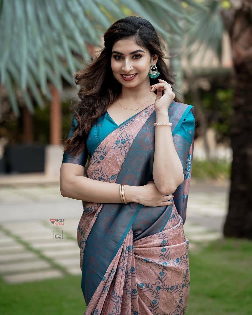 Elegant Peach & Teal Blue Jacquard Silk Saree with Floral Weave