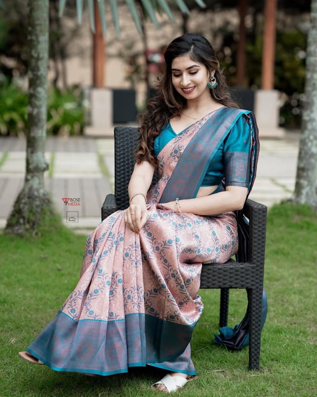 Elegant Peach & Teal Blue Jacquard Silk Saree with Floral Weave