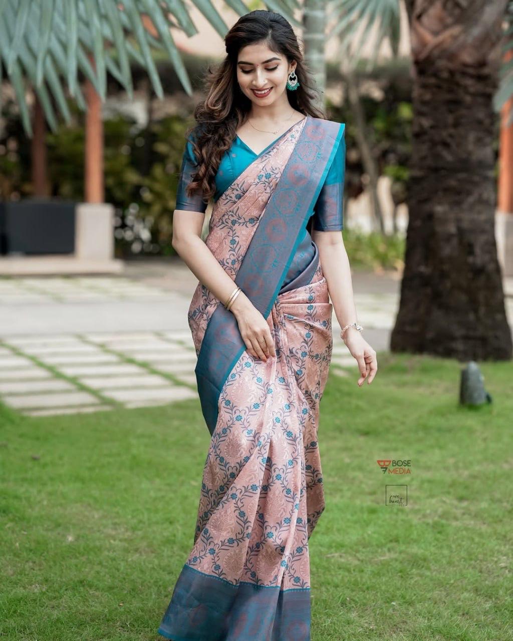 Elegant Peach & Teal Blue Jacquard Silk Saree with Floral Weave