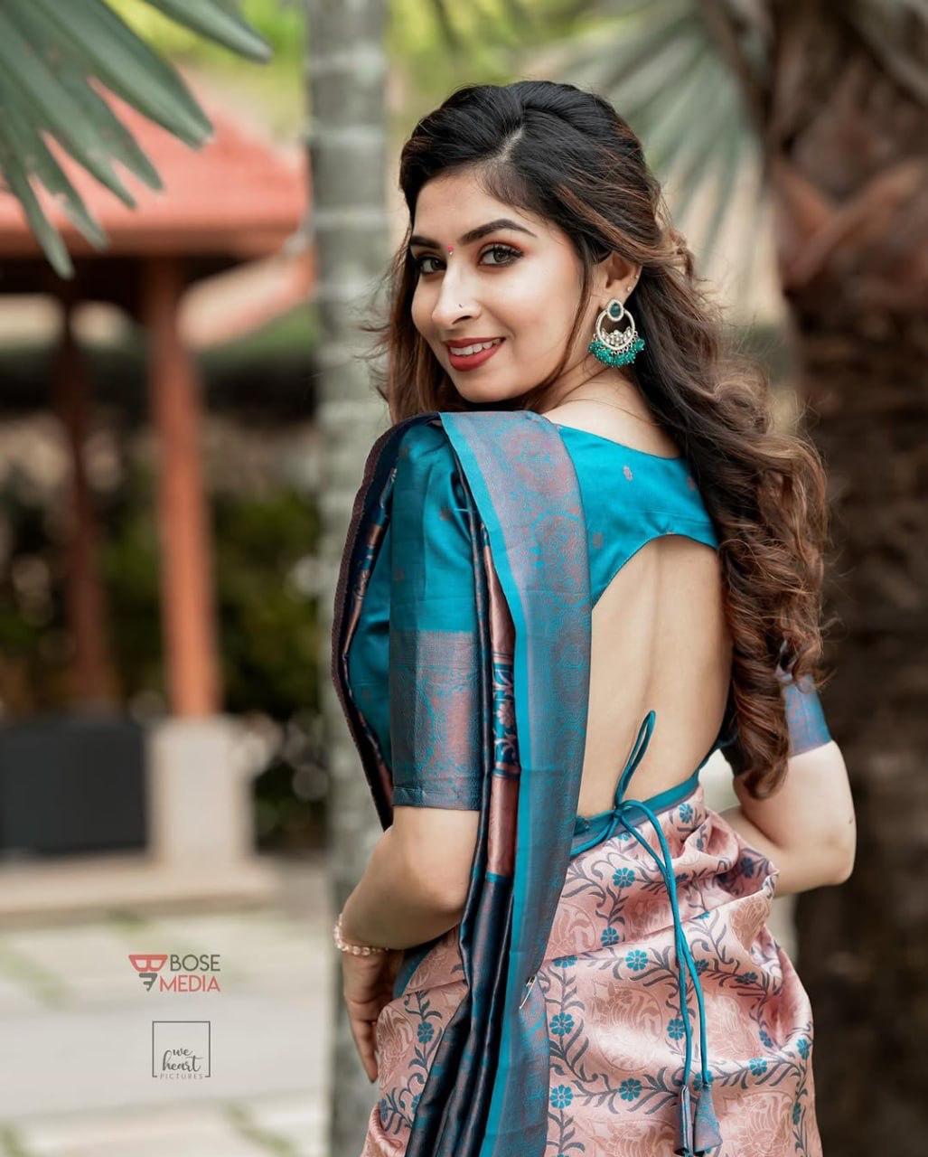 Elegant Peach & Teal Blue Jacquard Silk Saree with Floral Weave