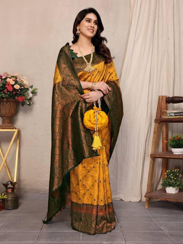 Elegant Woven Banarasi Silk Saree with Gold Zari Work in Mustard Yellow & Forest Green