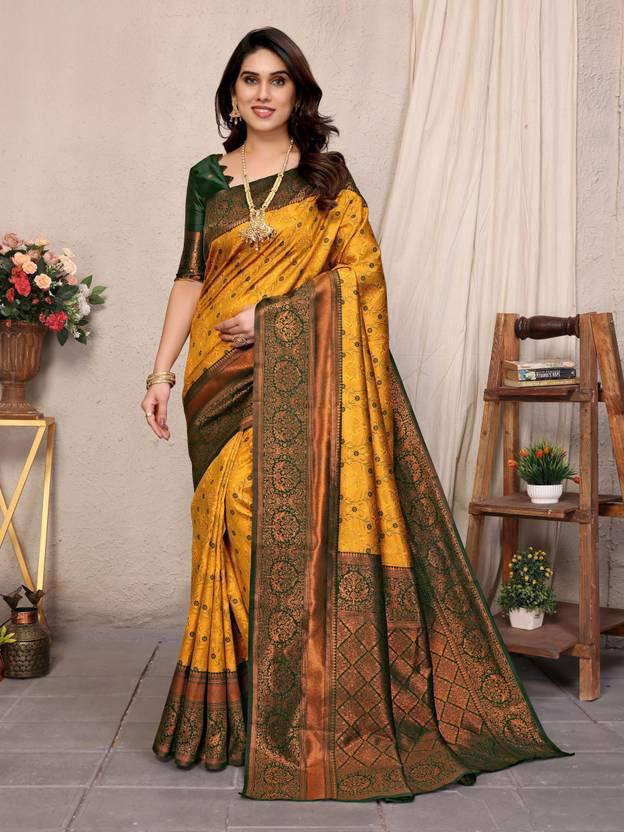 Elegant Woven Banarasi Silk Saree with Gold Zari Work in Mustard Yellow & Forest Green