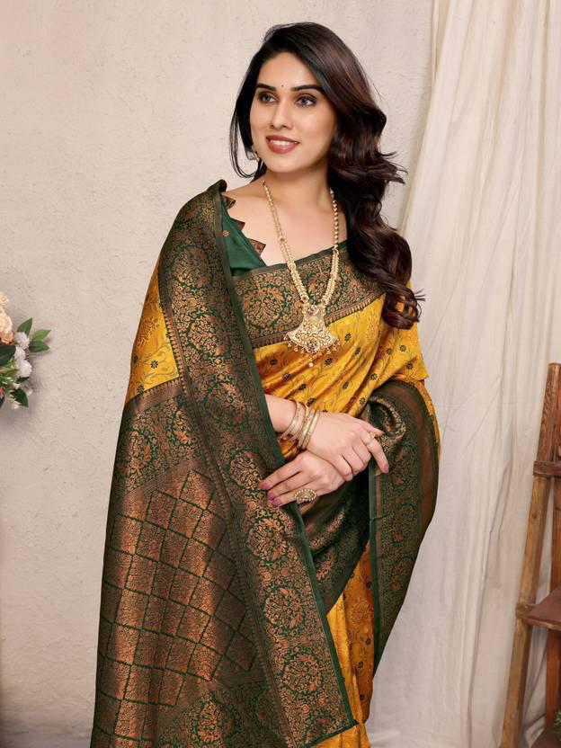 Elegant Woven Banarasi Silk Saree with Gold Zari Work in Mustard Yellow & Forest Green