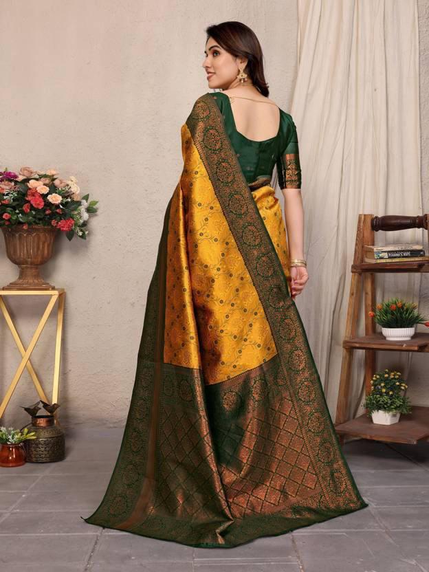 Elegant Woven Banarasi Silk Saree with Gold Zari Work in Mustard Yellow & Forest Green