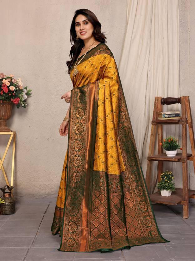 Elegant Woven Banarasi Silk Saree with Gold Zari Work in Mustard Yellow & Forest Green